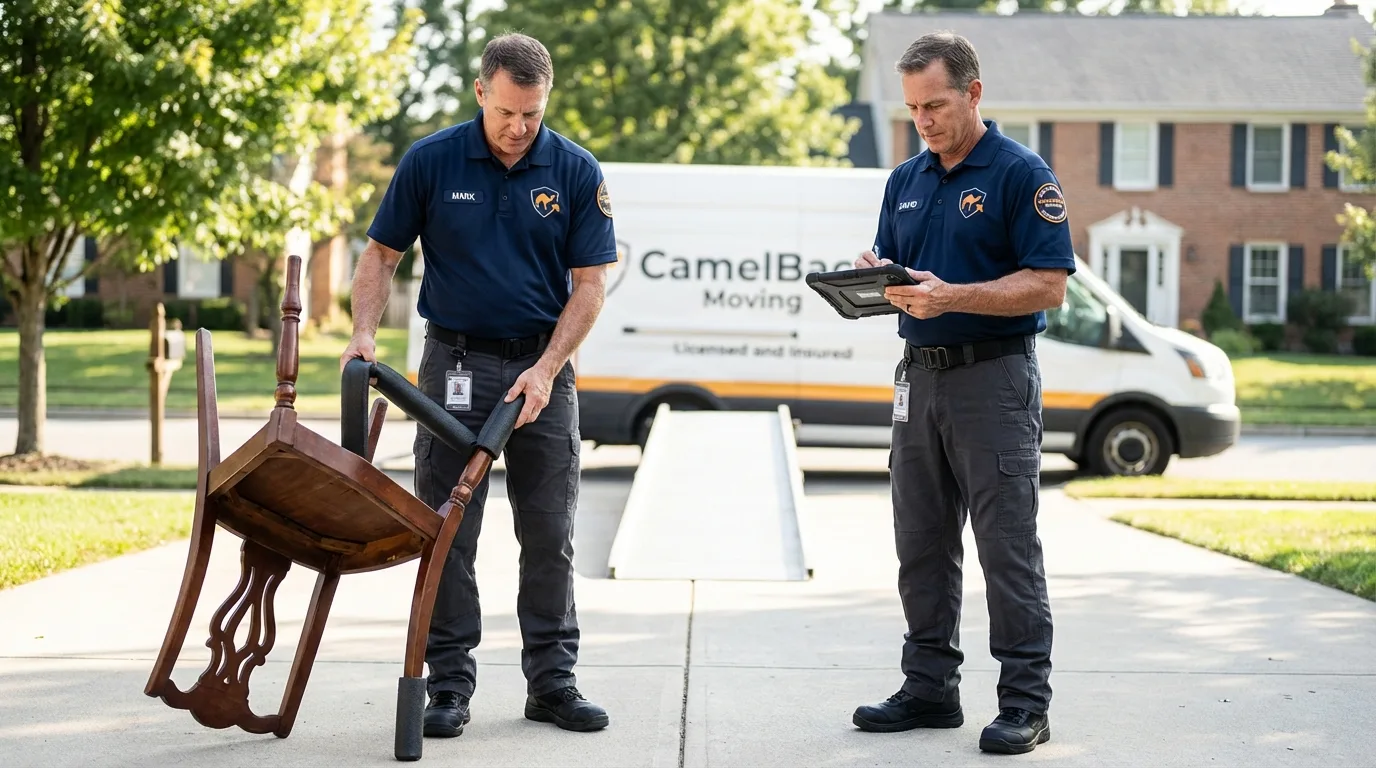 Movers inspecting furniture for damage prevention before loading in Litchfield Park, AZ