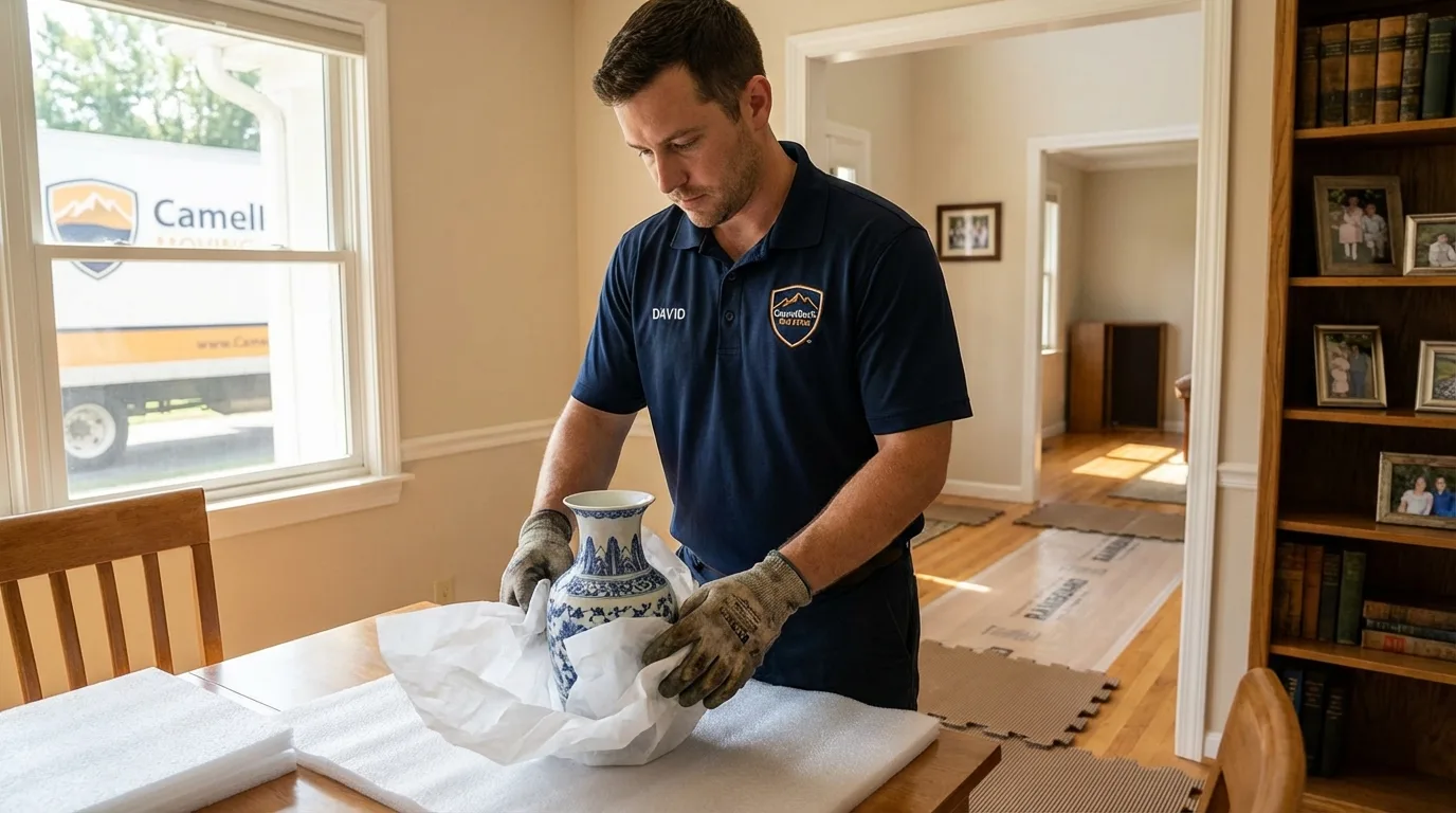 Professional crew carefully wrapping antique vase for senior downsizing move in Litchfield Park, AZ